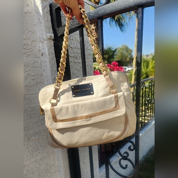 Marc Jacobs Chain Strap White Shoulder Bag Large Satchel Gold Logo Plate Leather - Picture 2 of 10